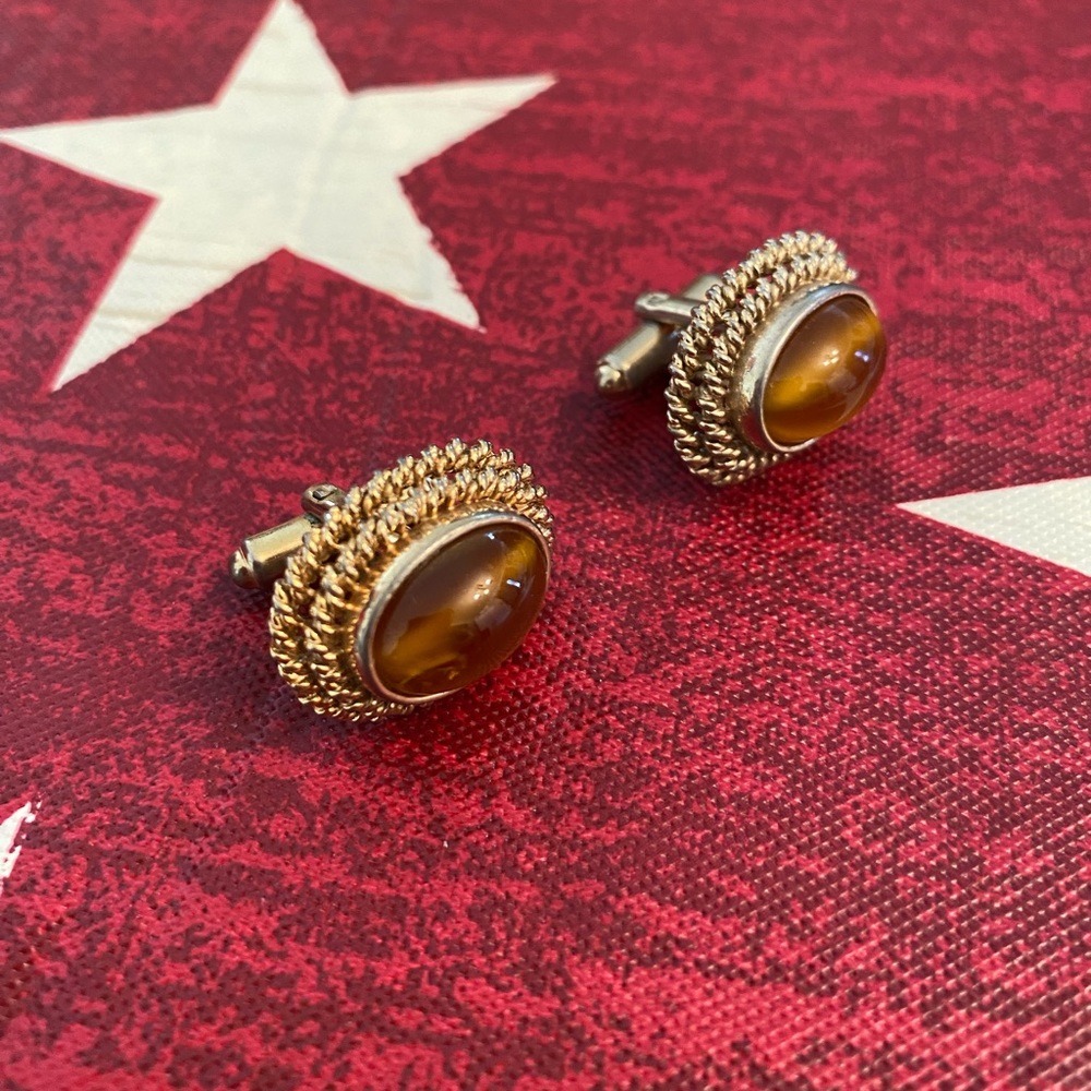 Vintage cuff links gold tone tiger eye brown cufflinks